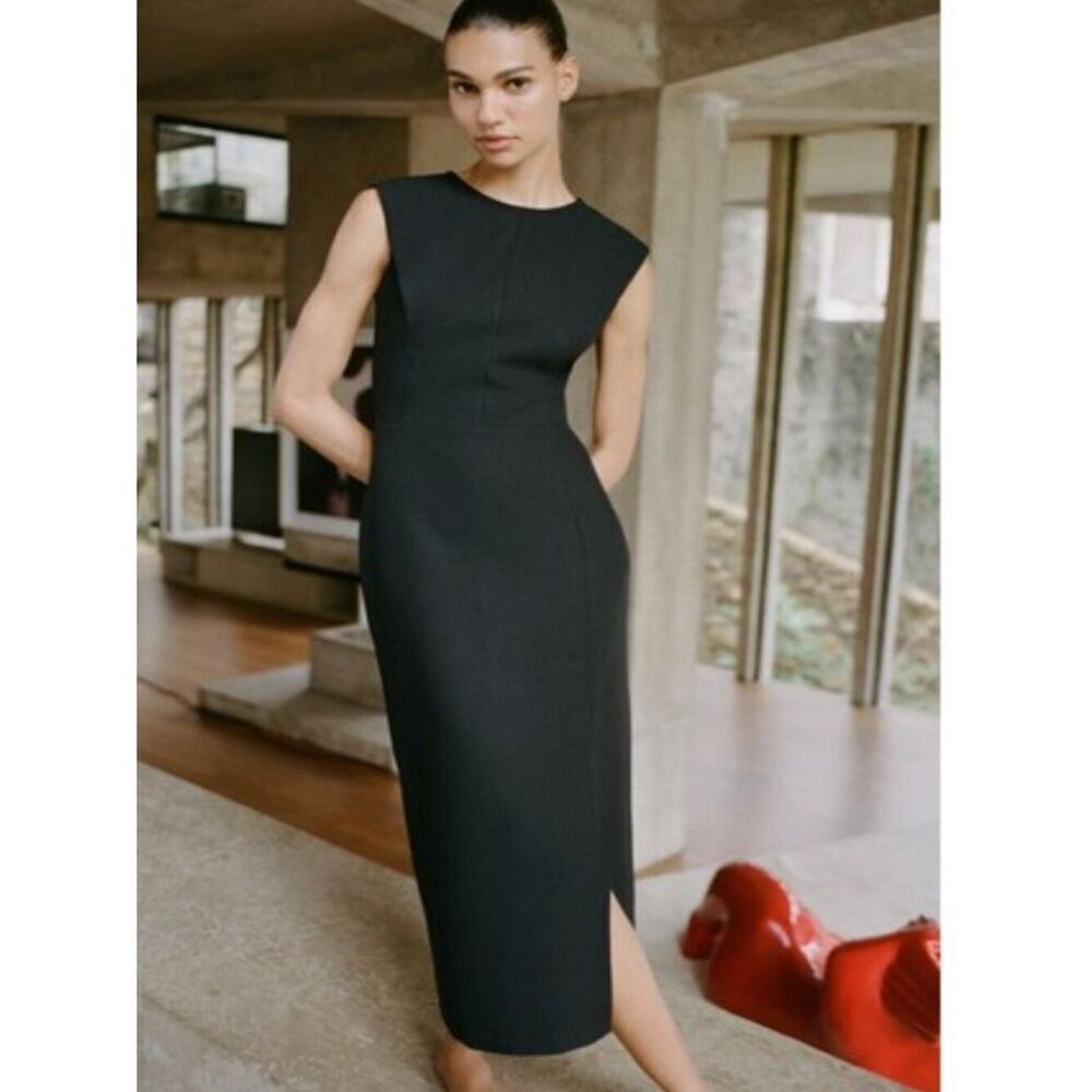 Zara Womens Midi Dress Large Black Soft Stretch Short Sleeve Crew 4333/041 NWT